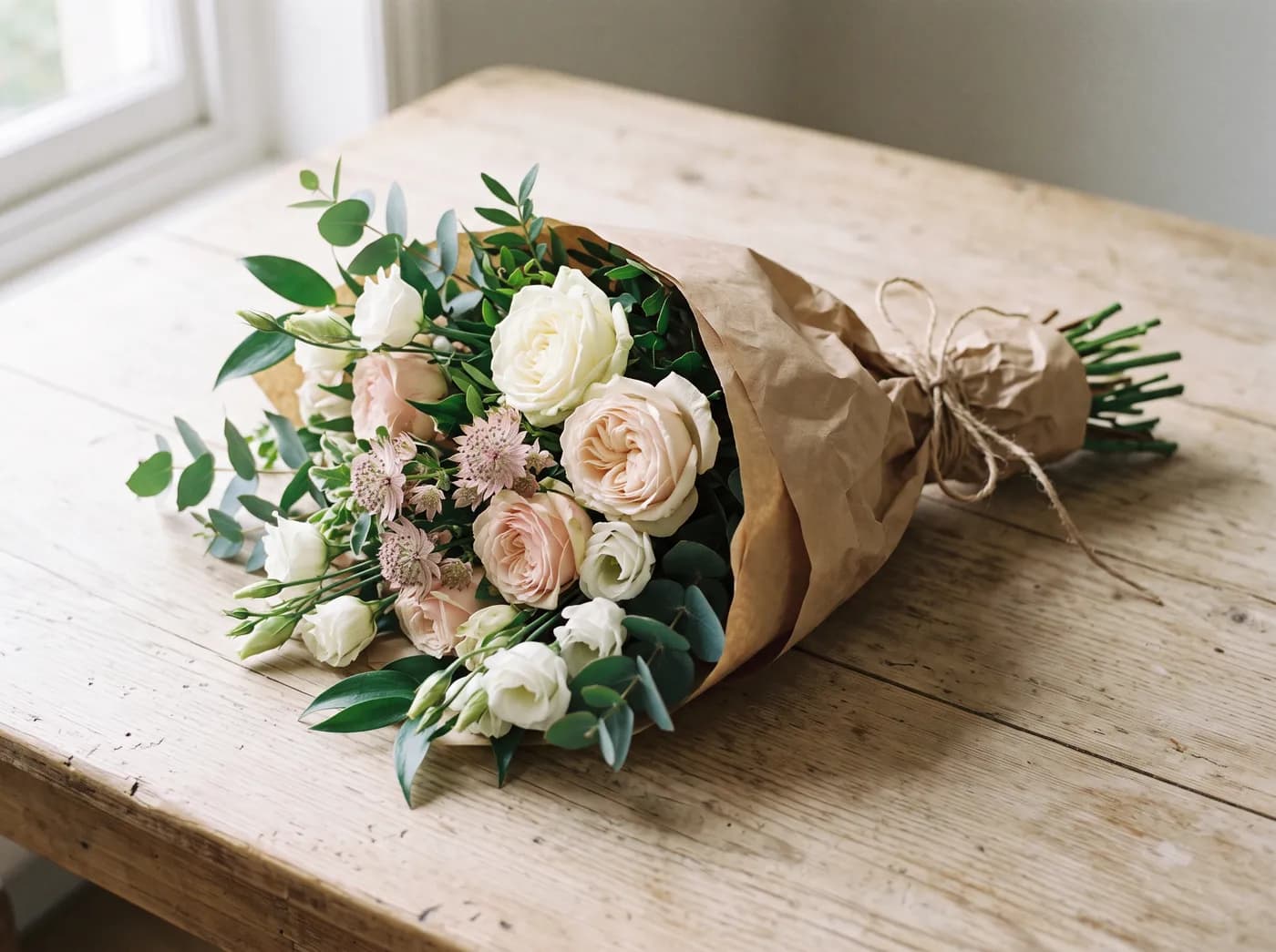 Symbolbild: ein gebundener Strauß aus Rosen und Eukalyptus in Papier gewickelt