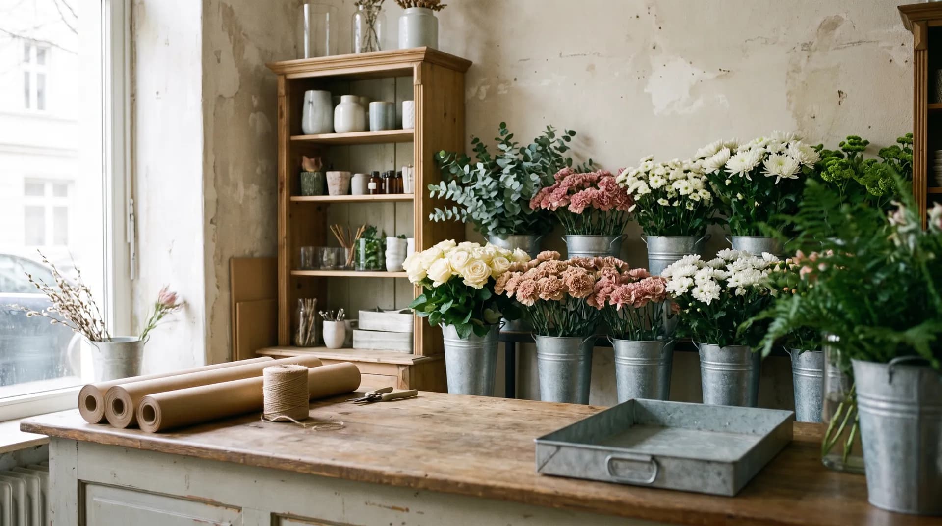 Symbolbild: Arbeitstisch in einem Blumenladen mit Papier, Bindegarn und Eimern voller Schnittblumen